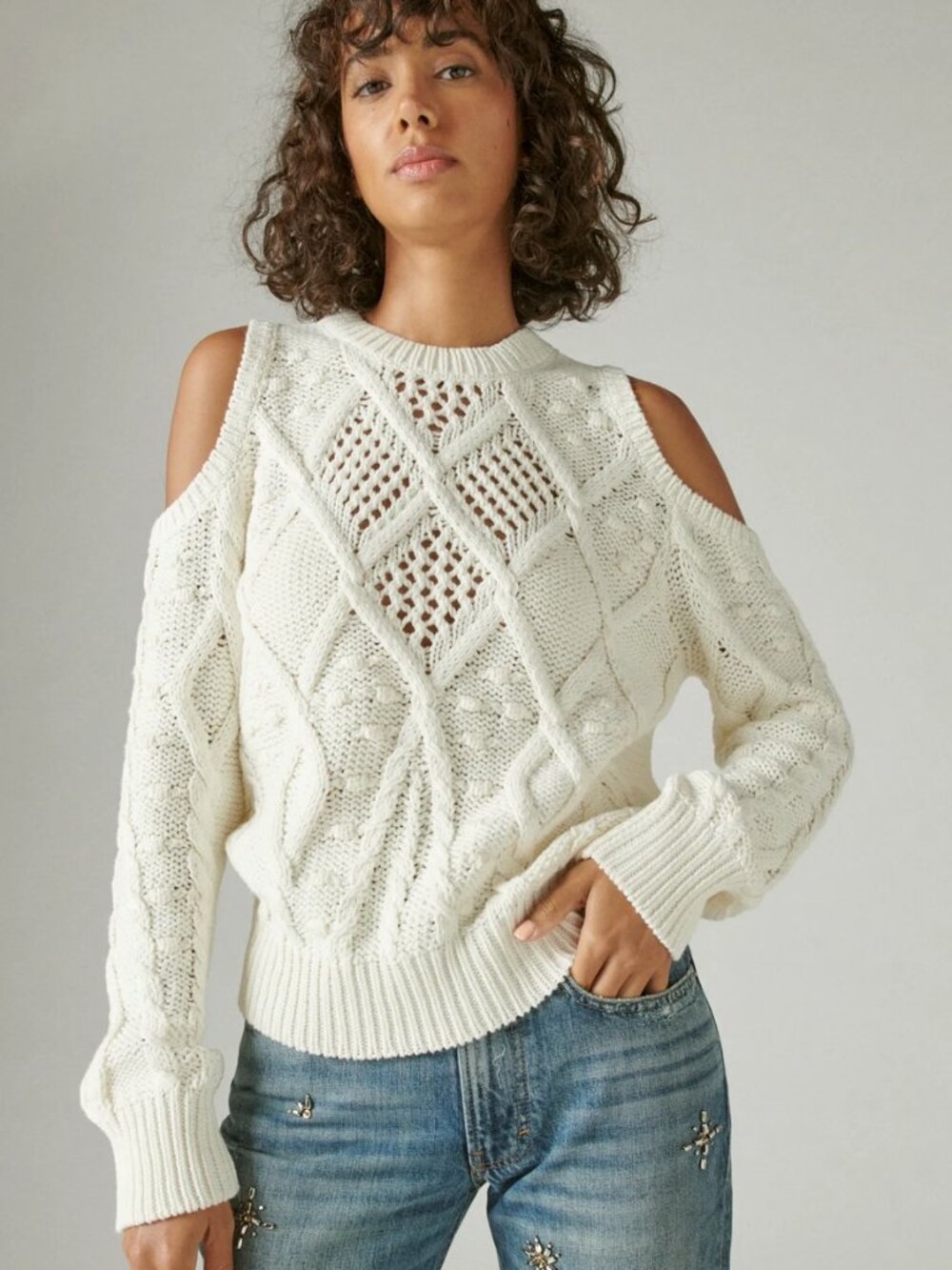 Lucky Brand Women's Ivory Cream Cold-Shoulder Cable-Knit Pullover Sweater Size M